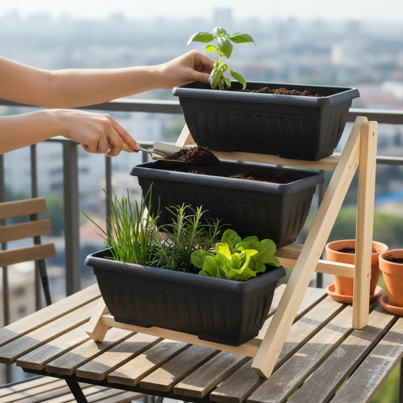 Jardineira Vertical 3 Níveis com Suporte de Madeira (Vasos 3,5 L) - Loja do Jardinista