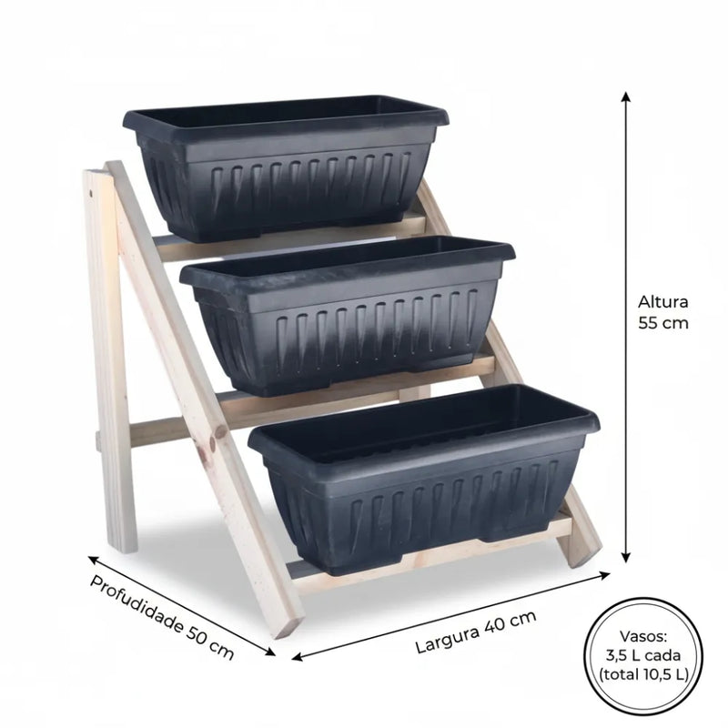 Jardineira Vertical 3 Níveis com Suporte de Madeira (Vasos 3,5 L) - Loja do Jardinista