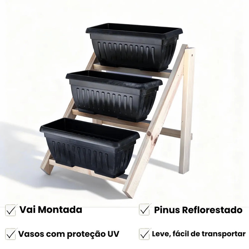 Jardineira Vertical 3 Níveis com Suporte de Madeira (Vasos 3,5 L) - Loja do Jardinista