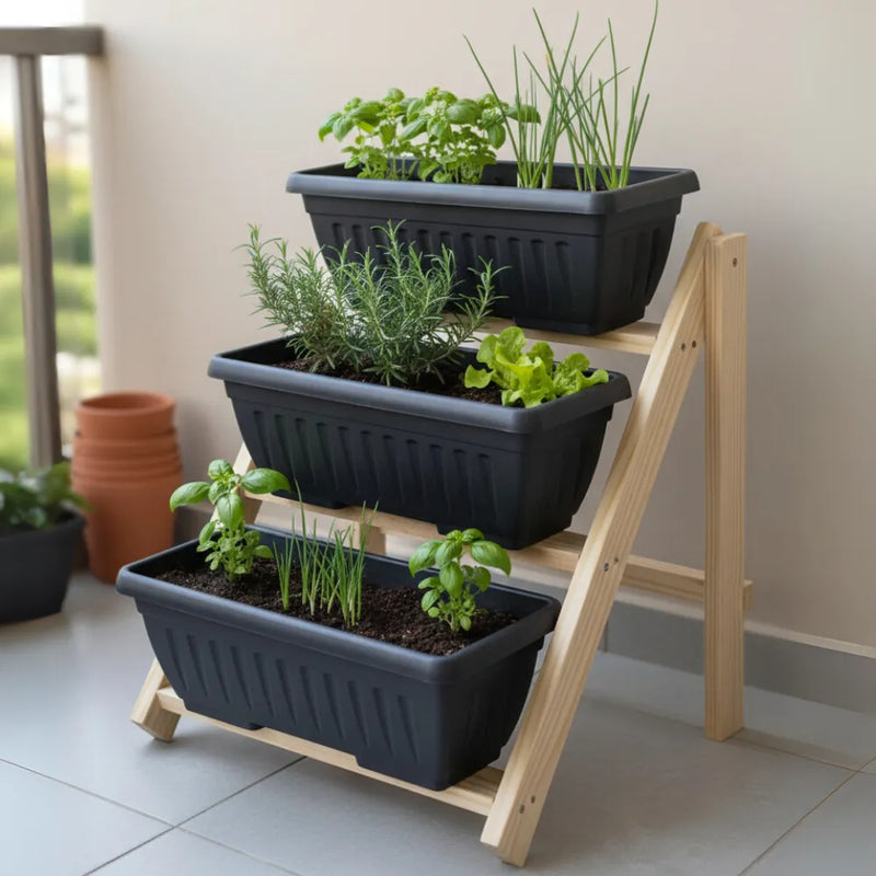 Jardineira Vertical 3 Níveis com Suporte de Madeira (Vasos 3,5 L) - Loja do Jardinista